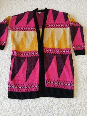 Ecote Open-Front Geometric Cardigan Pink Yellow & Black Medium  Made In England